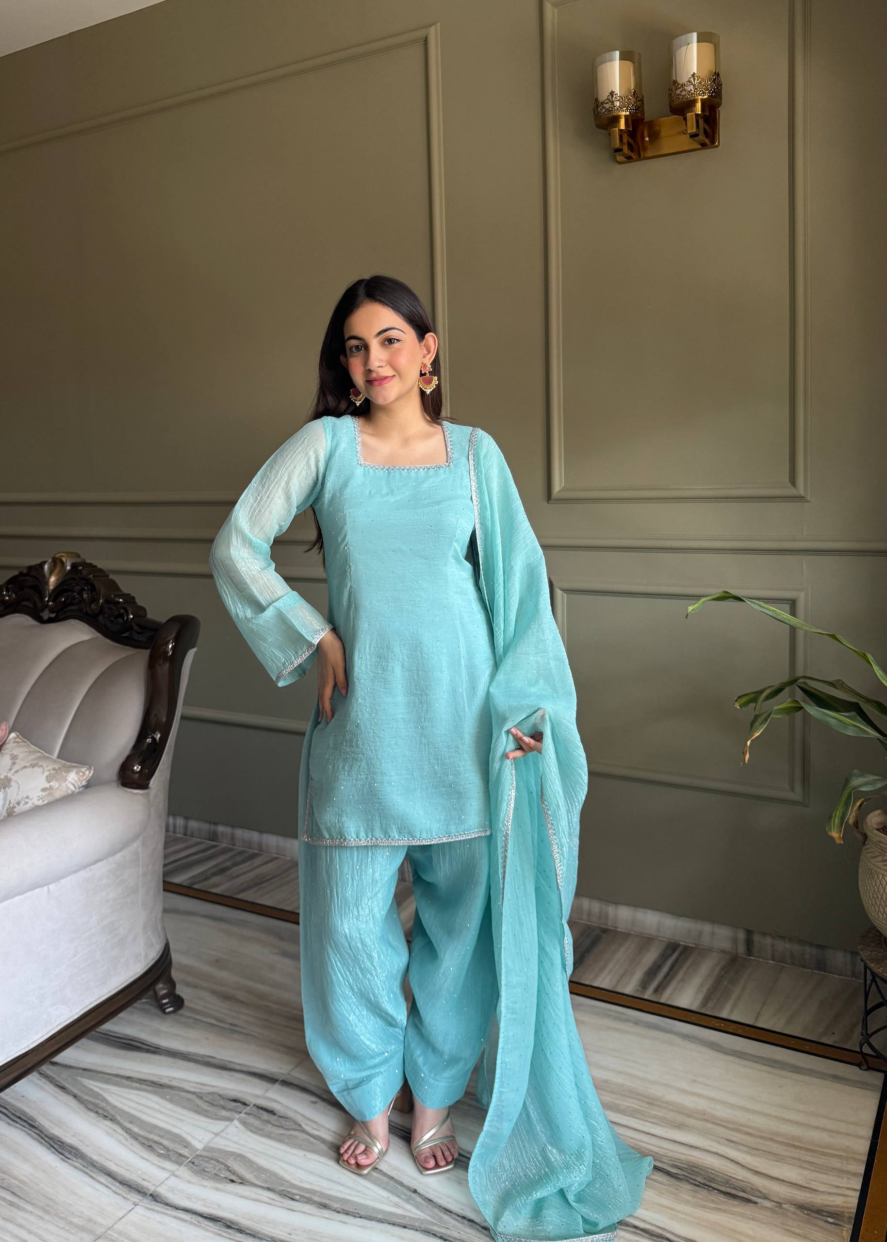 Crunchy Silk Kurta Set with Swarovski Work, Salwar & Designer Dupatta