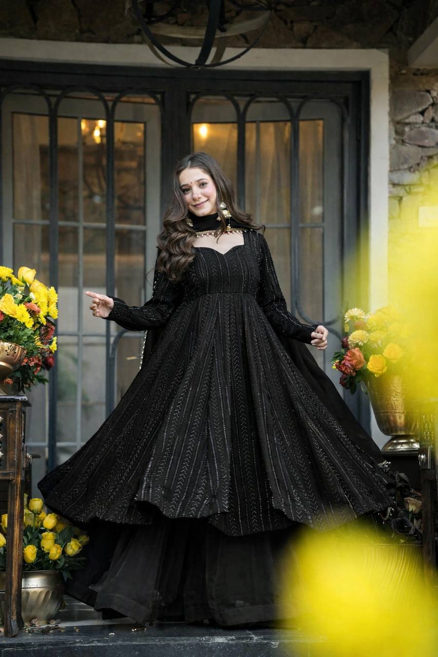 Premium Embroidered Anarkali Sharara Suit Set with Dupatta (Black)