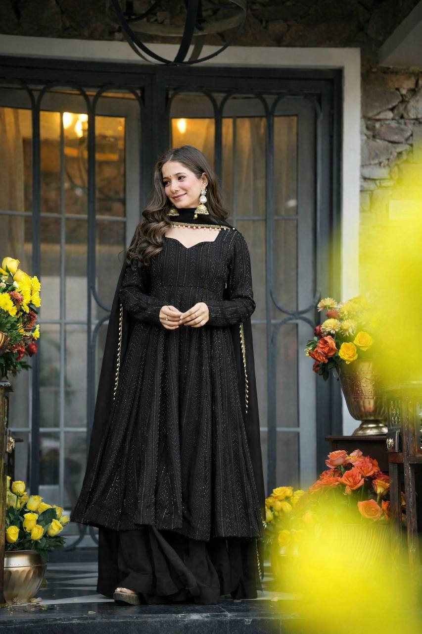 Premium Embroidered Anarkali Sharara Suit Set with Dupatta (Black)