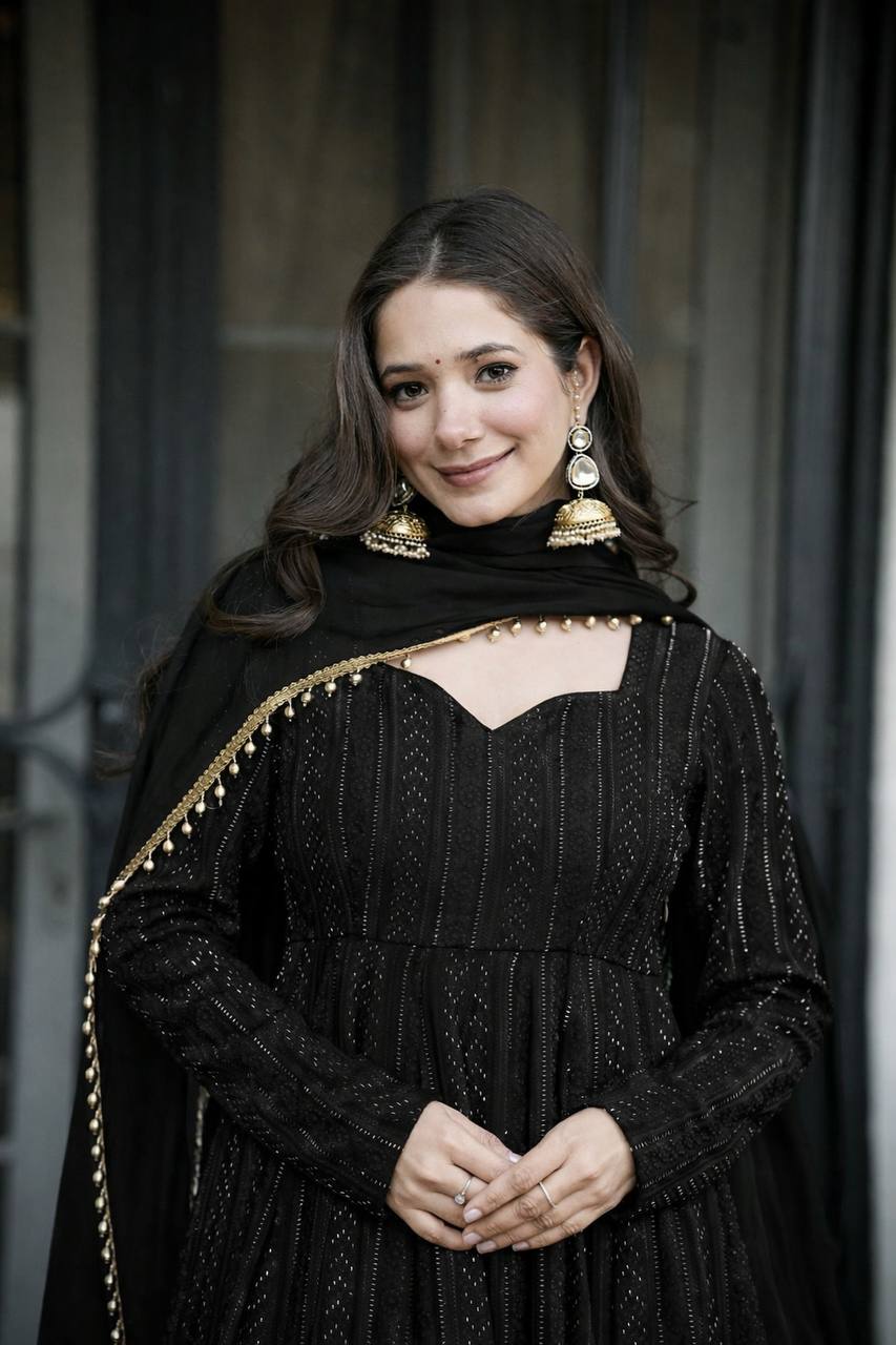 Premium Embroidered Anarkali Sharara Suit Set with Dupatta (Black)