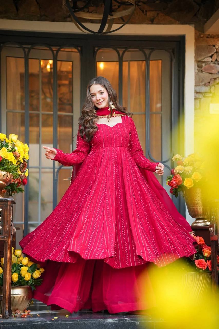 Premium Embroidered Anarkali Sharara Suit Set with Dupatta (Pnk)