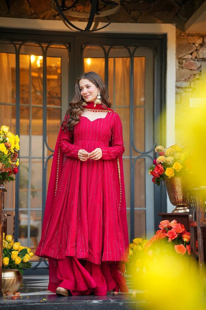 Premium Embroidered Anarkali Sharara Suit Set with Dupatta (Pnk)