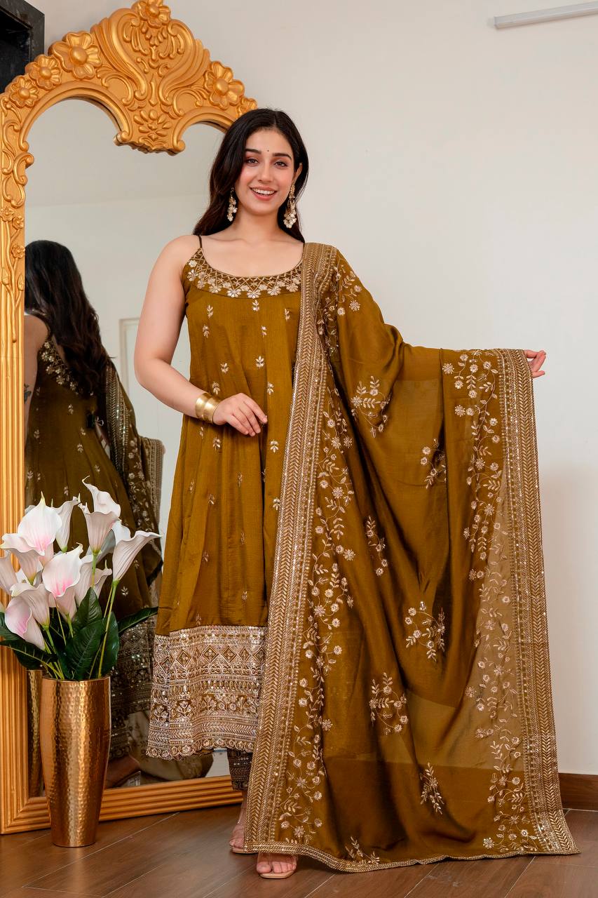 Pur Vichitra Silk Premium Quality Anarkali Suit Set (3 PCS)