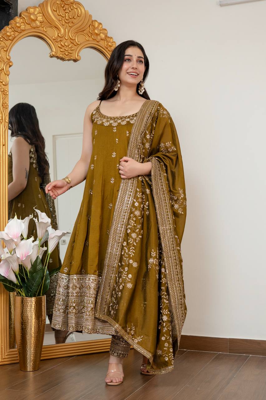 Pur Vichitra Silk Premium Quality Anarkali Suit Set (3 PCS)