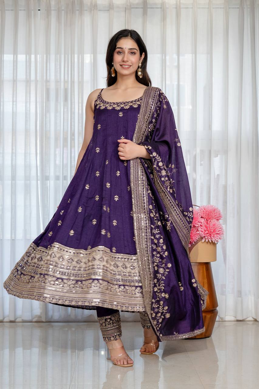 Pur Vichitra Silk Premium Quality Anarkali Suit Set (3 PCS)