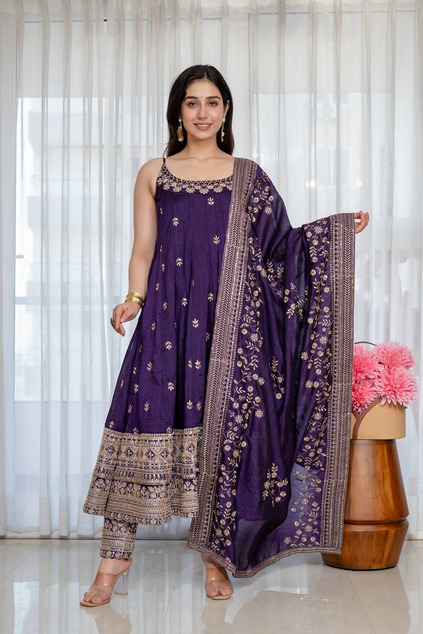 Pur Vichitra Silk Premium Quality Anarkali Suit Set (3 PCS)