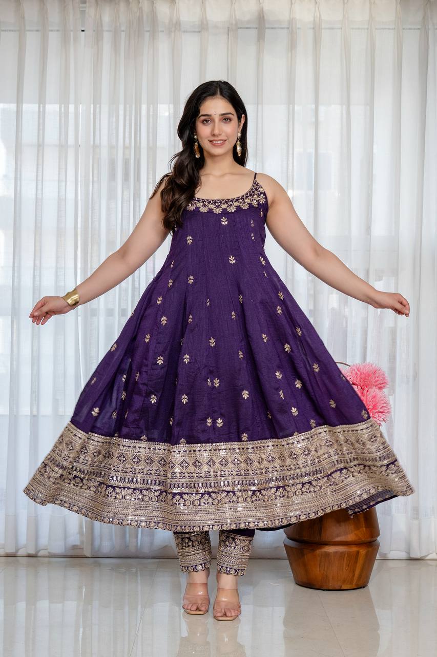 Pur Vichitra Silk Premium Quality Anarkali Suit Set (3 PCS)