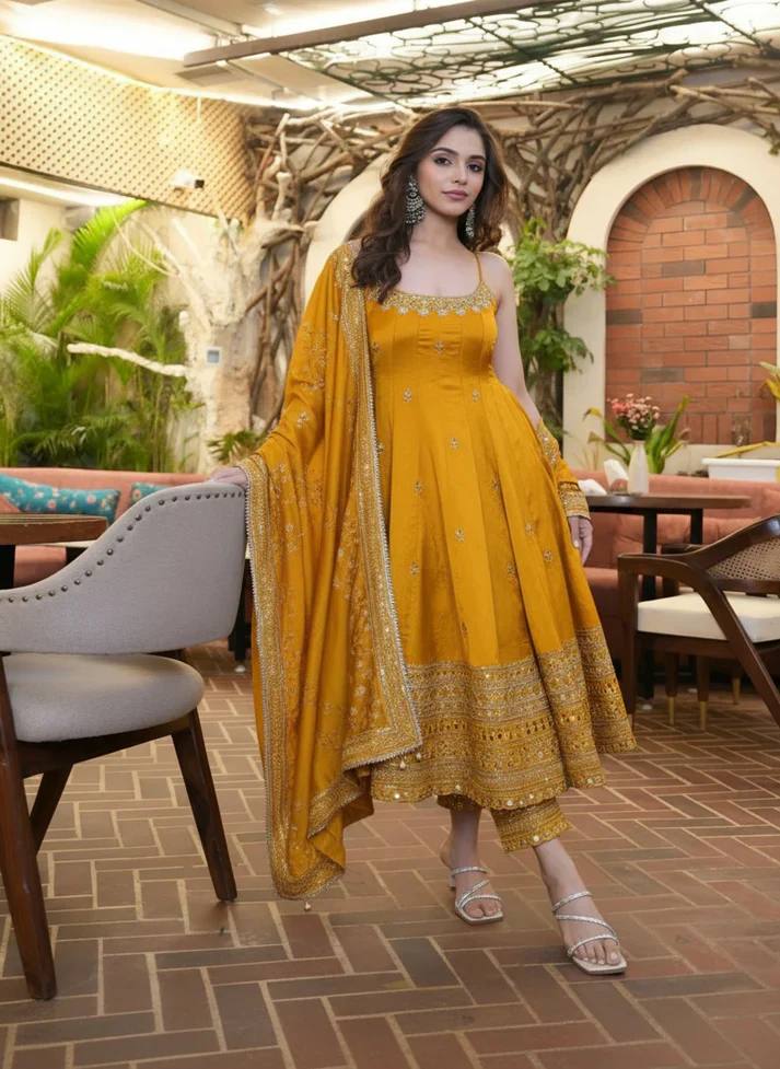 Pur Vichitra Silk Premium Quality Anarkali Suit Set (3 PCS)