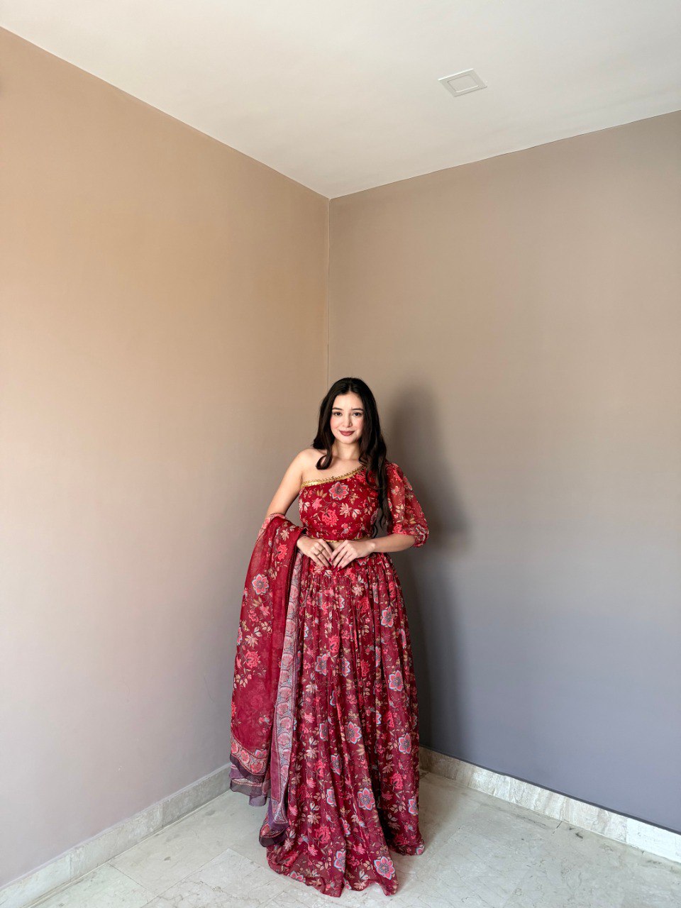Floral Printed Lehenga Set with One-Shoulder Blouse & Dupatta