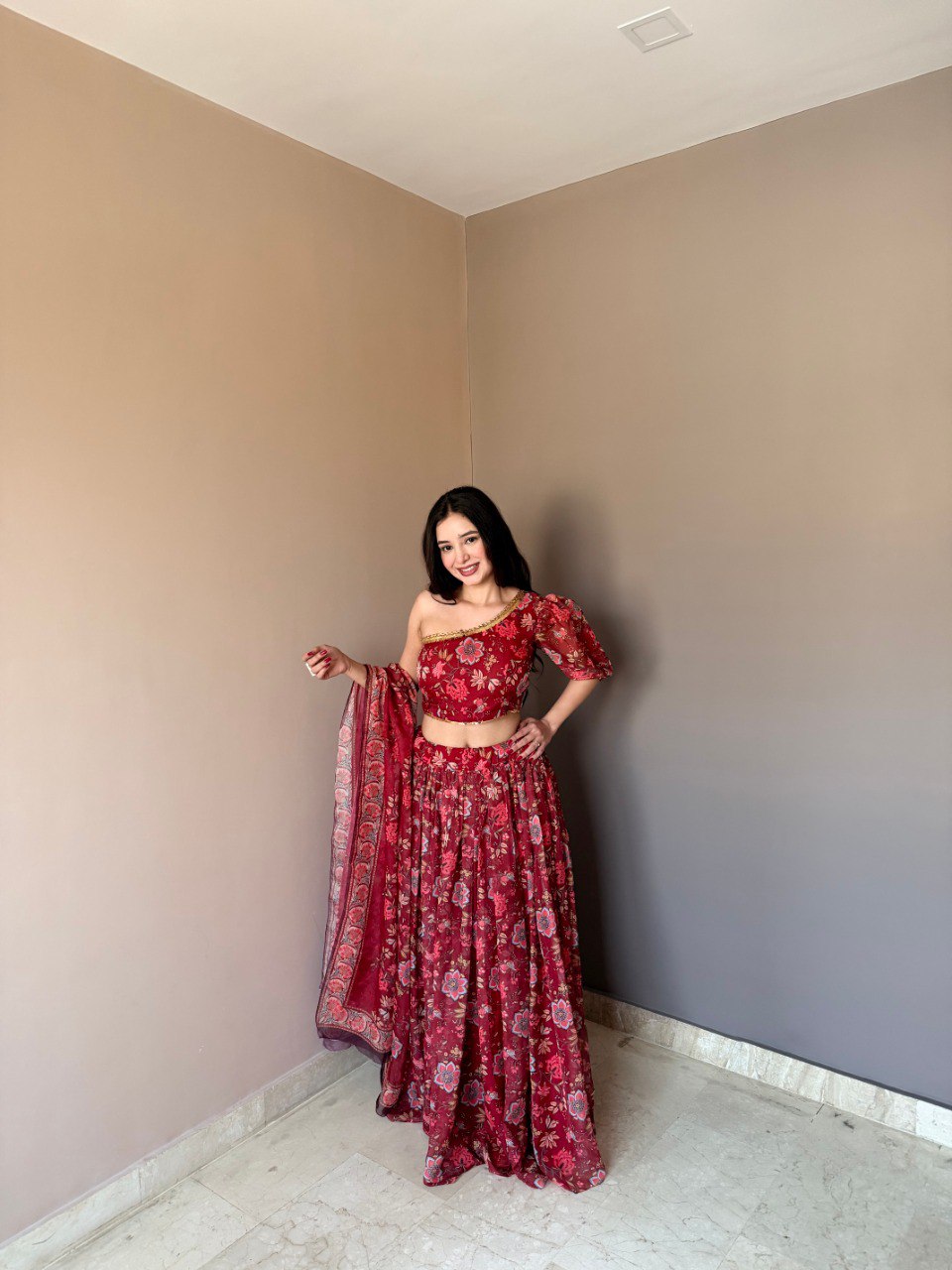 Floral Printed Lehenga Set with One-Shoulder Blouse & Dupatta