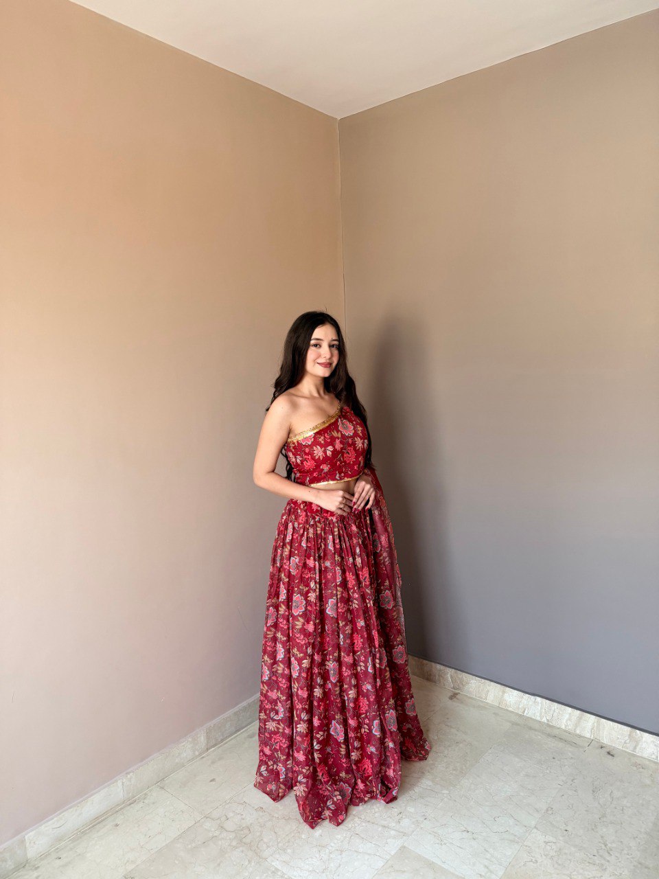 Floral Printed Lehenga Set with One-Shoulder Blouse & Dupatta