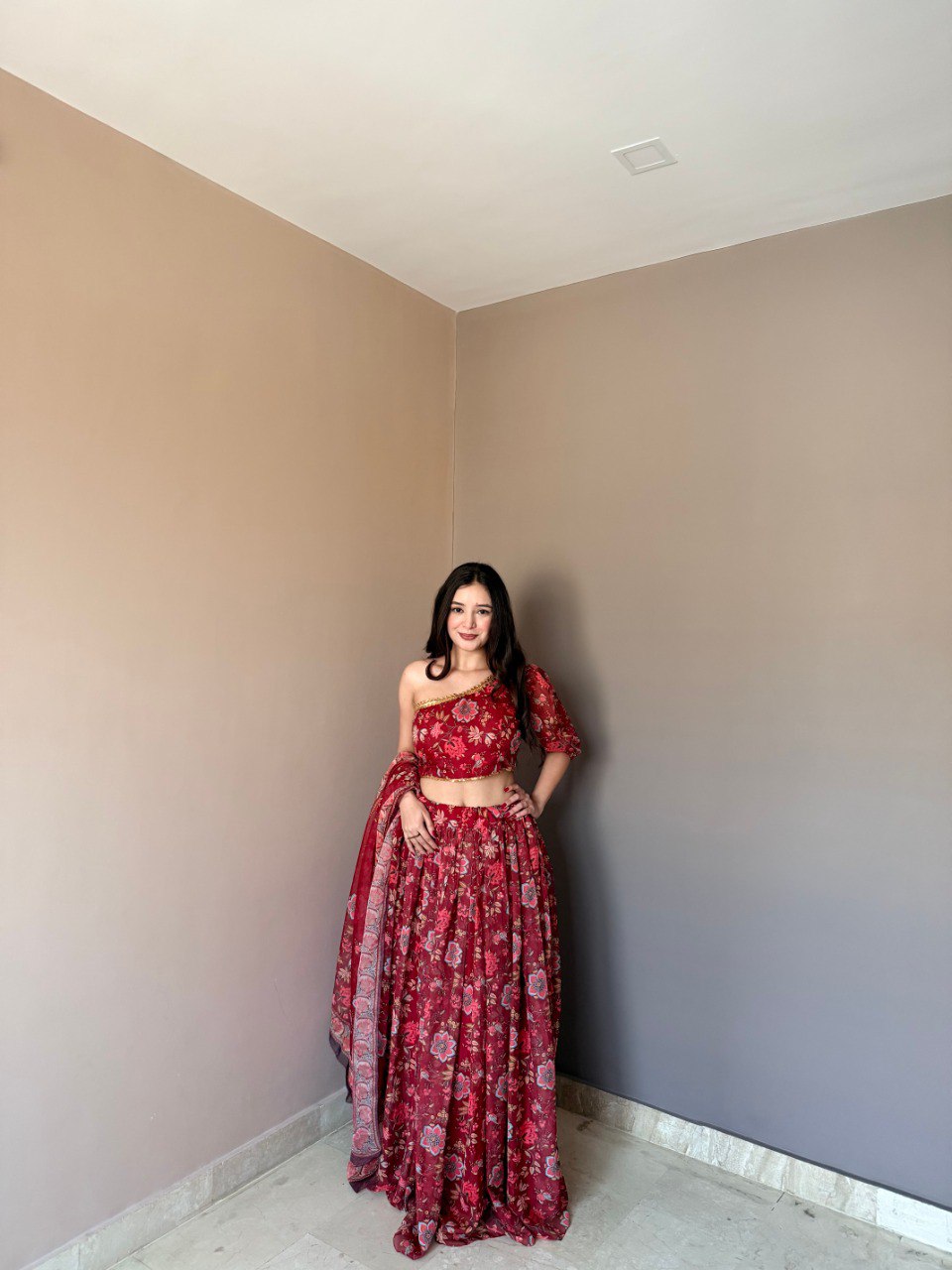 Floral Printed Lehenga Set with One-Shoulder Blouse & Dupatta