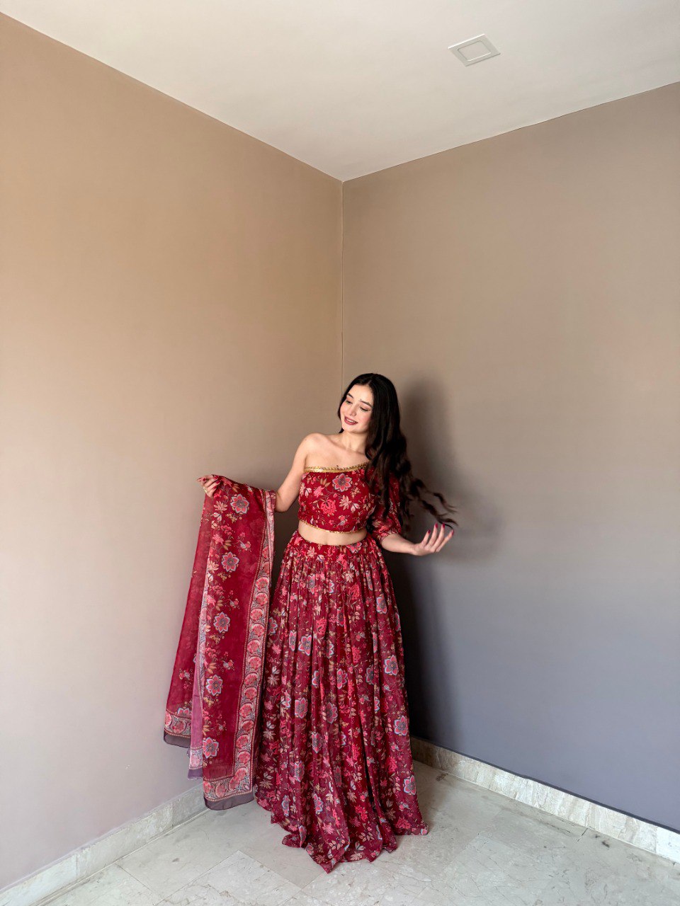 Floral Printed Lehenga Set with One-Shoulder Blouse & Dupatta