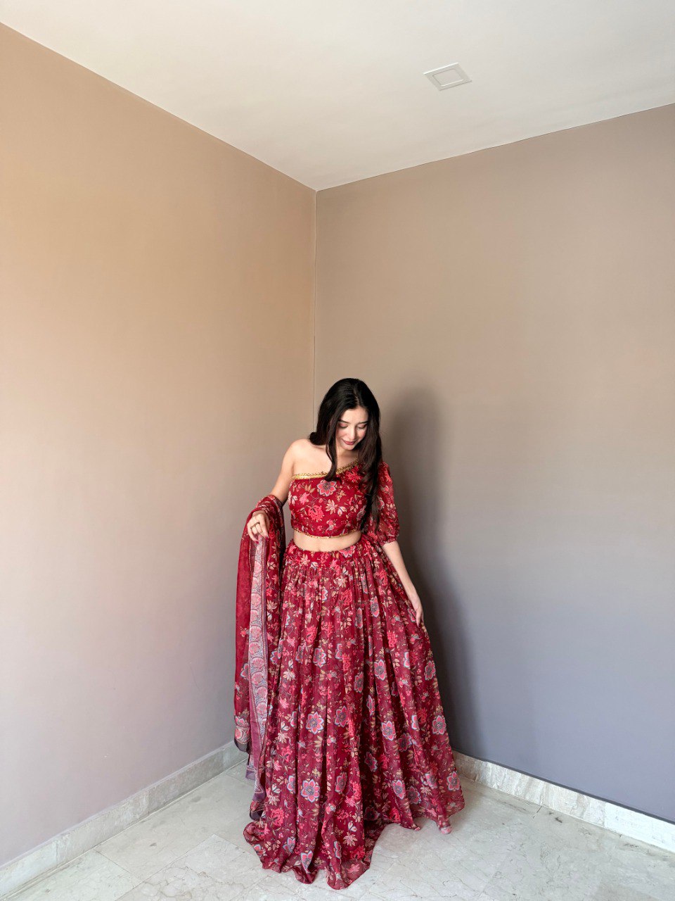 Floral Printed Lehenga Set with One-Shoulder Blouse & Dupatta