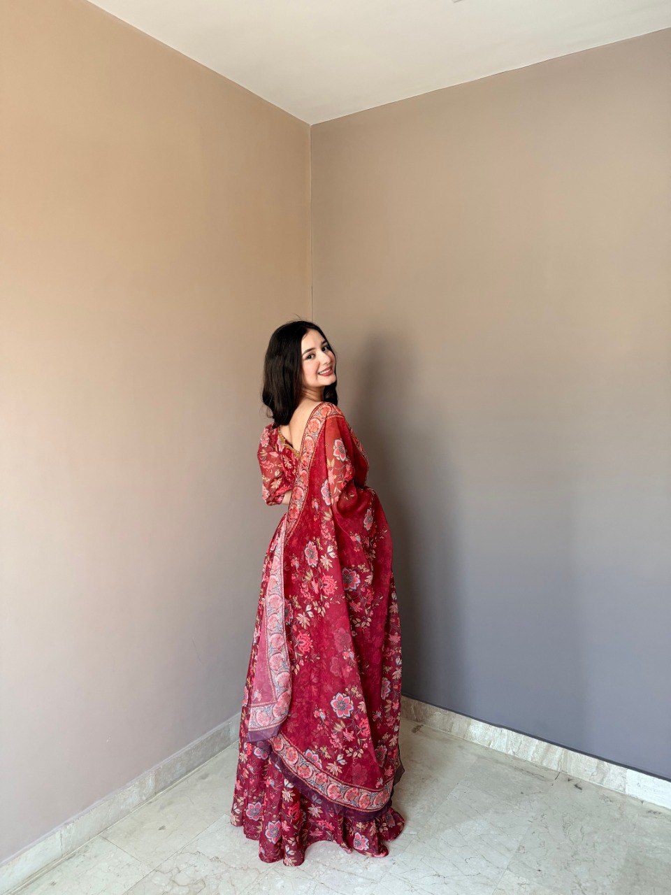 Floral Printed Lehenga Set with One-Shoulder Blouse & Dupatta