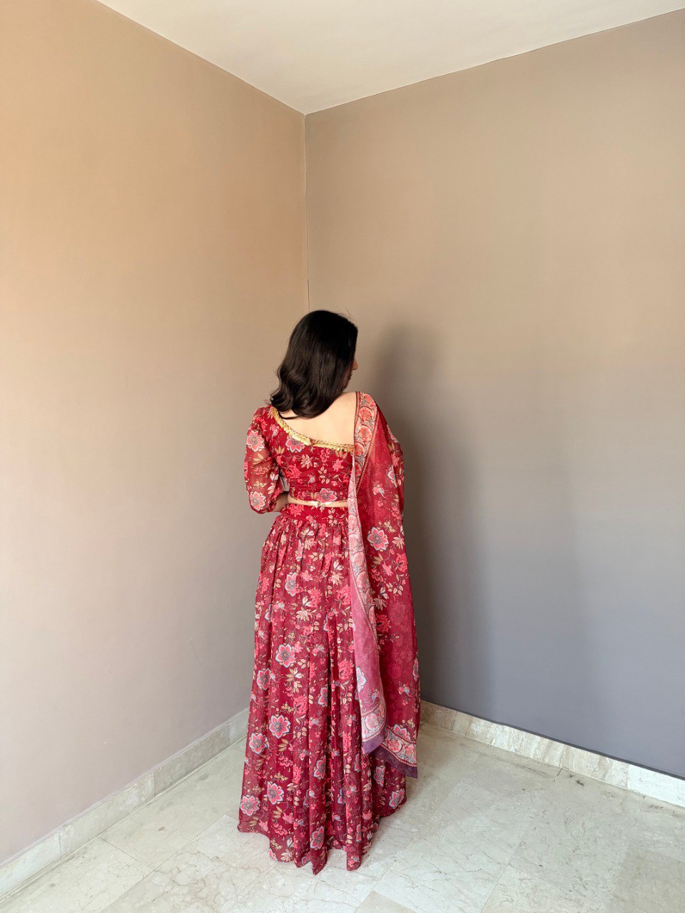 Floral Printed Lehenga Set with One-Shoulder Blouse & Dupatta