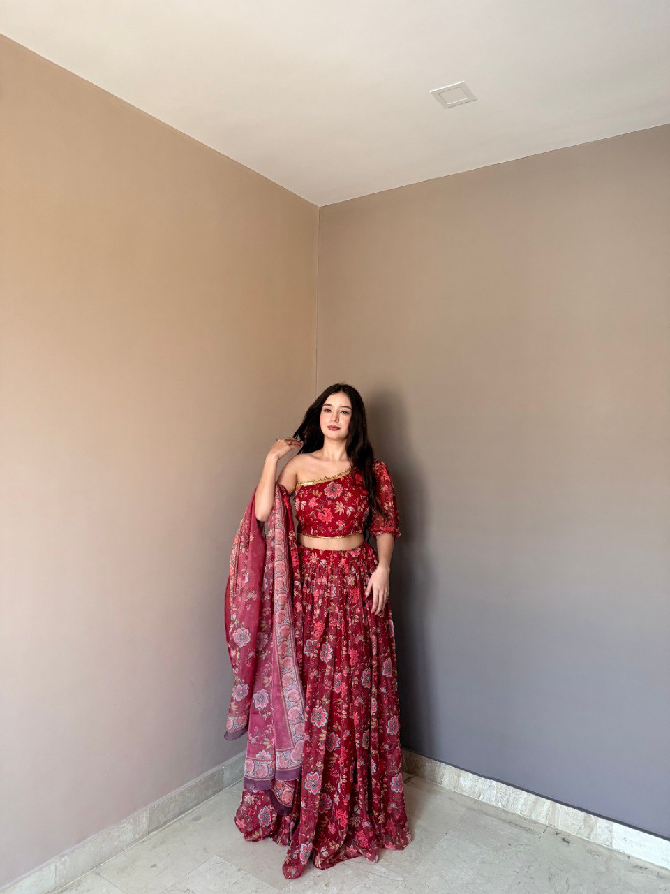 Floral Printed Lehenga Set with One-Shoulder Blouse & Dupatta