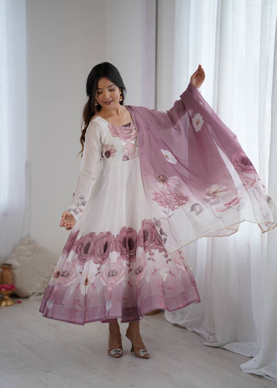 Organza Silk Printed Anarkali Suit Set