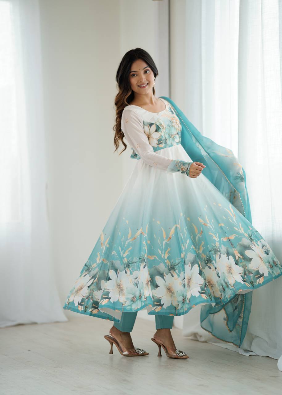 Organza Silk Printed Anarkali Suit Set