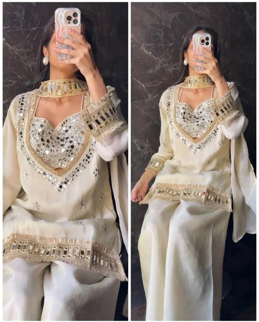 Designer Georgette Anarkali Gown Set with Dupatta (7 Meter Flair | OFF-WHITE )