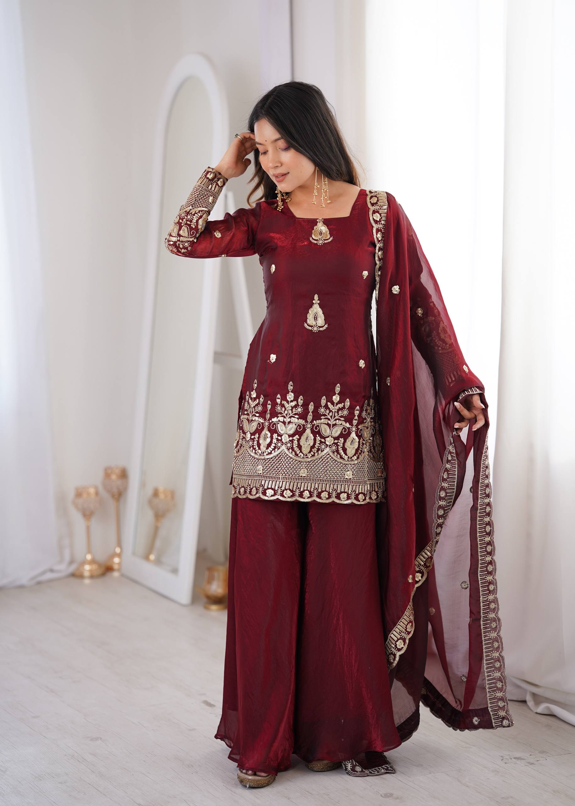 Fendy Silk Embroidered Sharara Suit Set with Dupatta (Real Model Shoot | Ready to Wear 3 Piece Set)