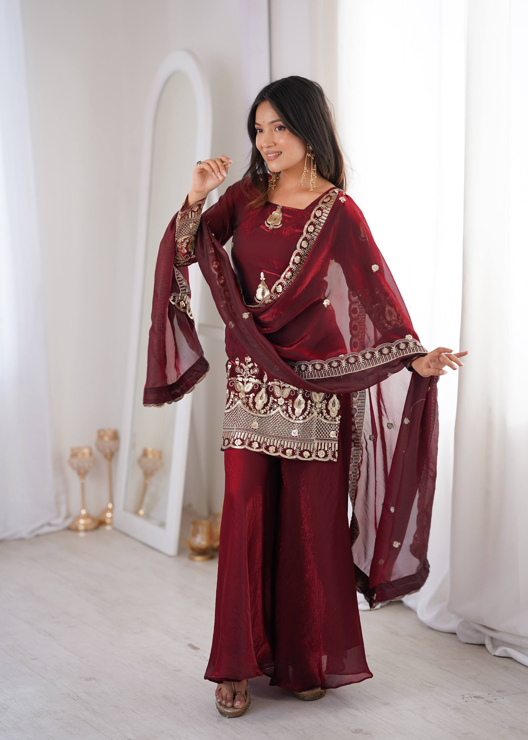 Fendy Silk Embroidered Sharara Suit Set with Dupatta (Real Model Shoot | Ready to Wear 3 Piece Set)