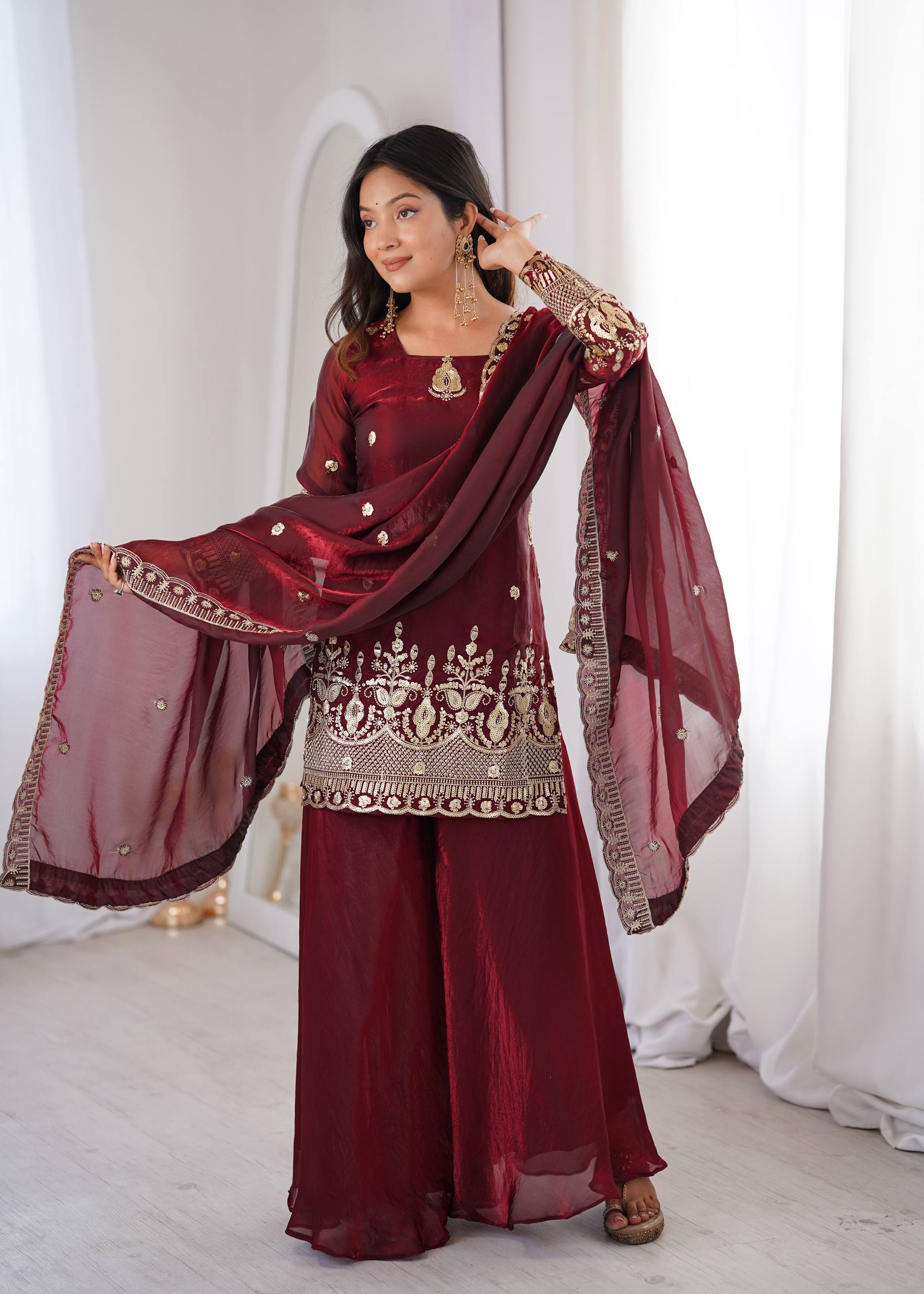 Fendy Silk Embroidered Sharara Suit Set with Dupatta (Real Model Shoot | Ready to Wear 3 Piece Set)