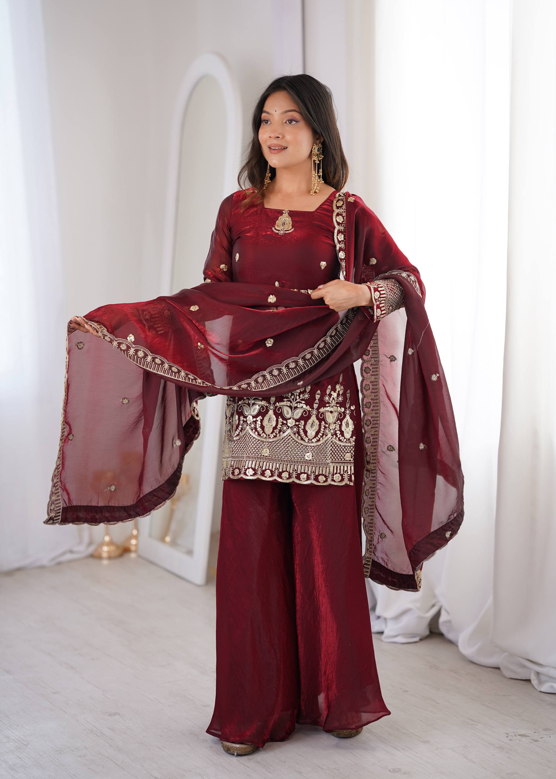 Fendy Silk Embroidered Sharara Suit Set with Dupatta (Real Model Shoot | Ready to Wear 3 Piece Set)