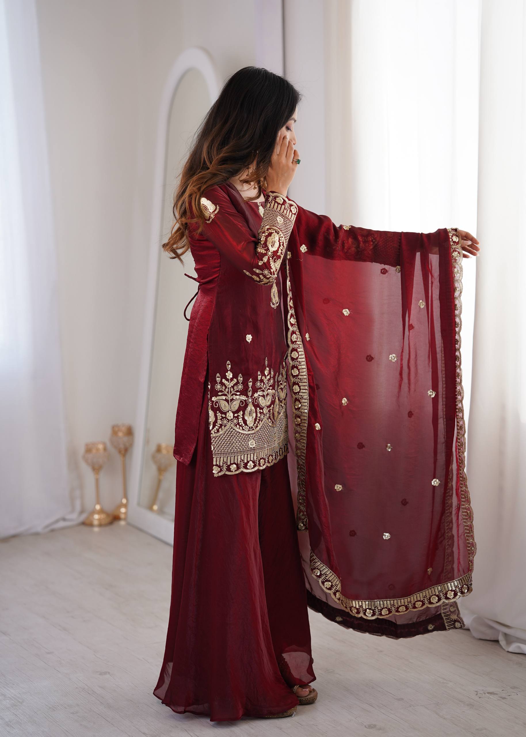 Fendy Silk Embroidered Sharara Suit Set with Dupatta (Real Model Shoot | Ready to Wear 3 Piece Set)