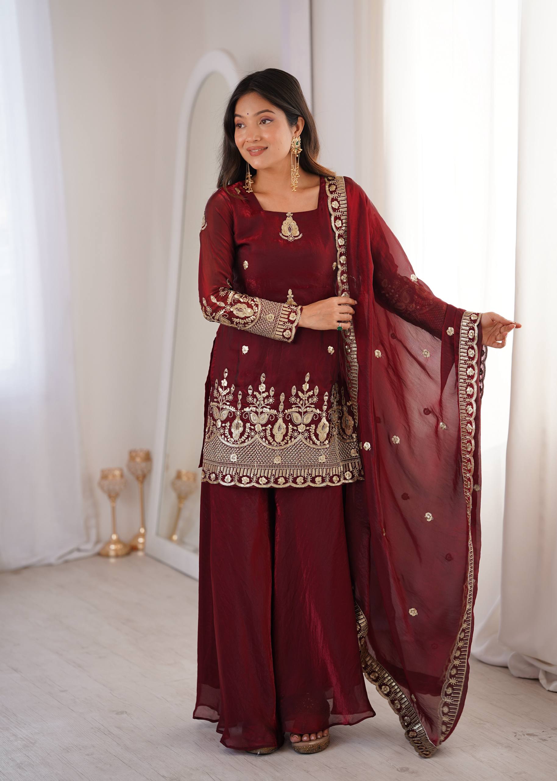 Fendy Silk Embroidered Sharara Suit Set with Dupatta (Real Model Shoot | Ready to Wear 3 Piece Set)