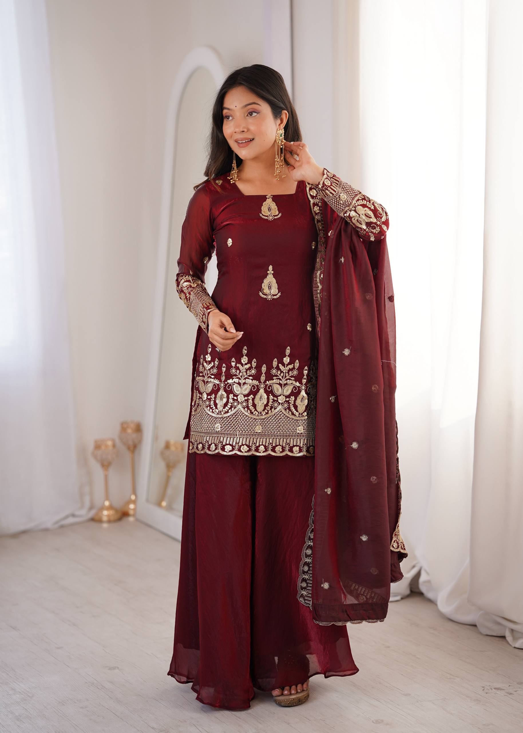 Fendy Silk Embroidered Sharara Suit Set with Dupatta (Real Model Shoot | Ready to Wear 3 Piece Set)