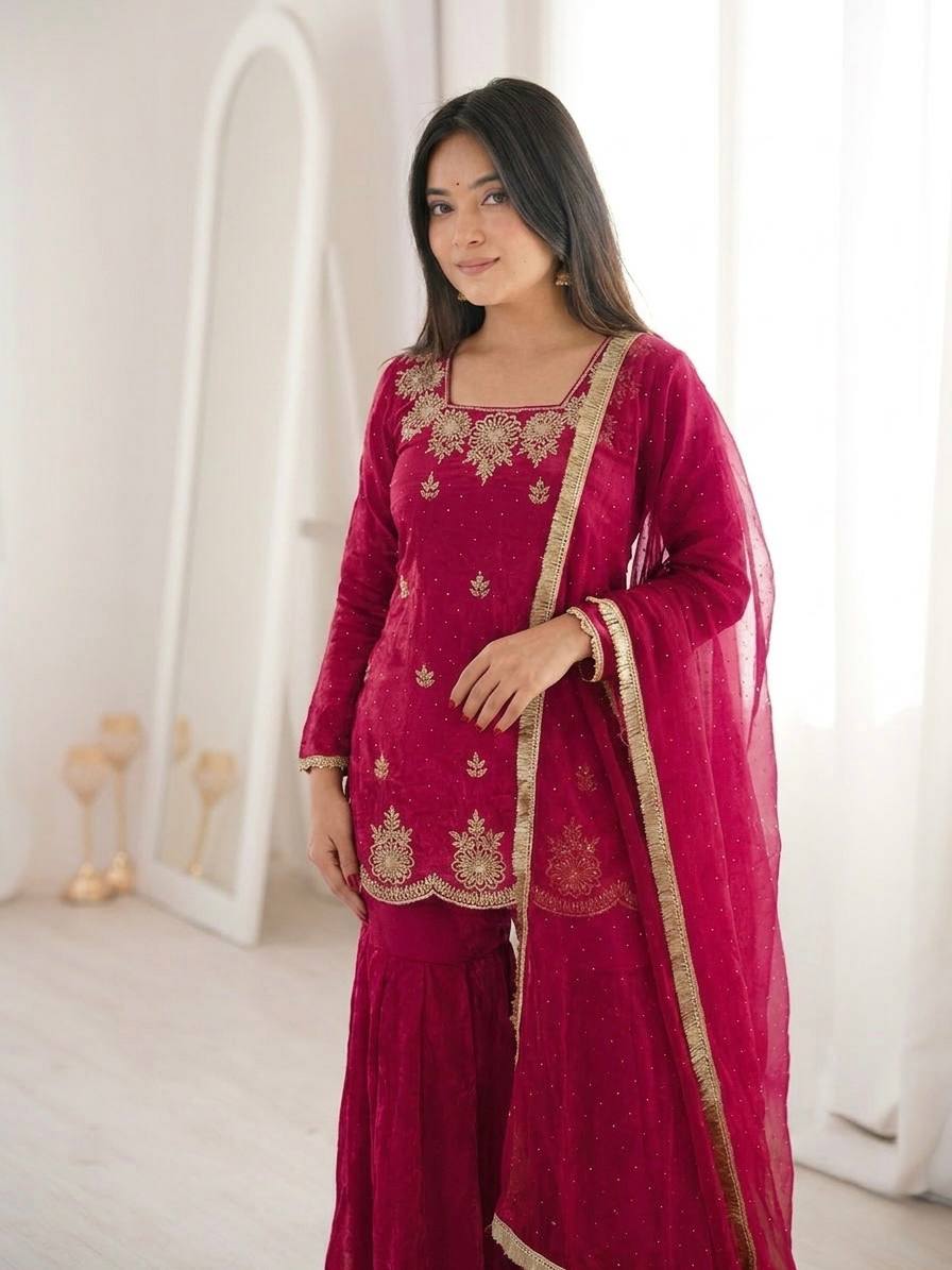 Fendy Silk Zarkan Diamond Embroidered Sharara Suit Set with Dupatta (3 Piece Set | Ready to Wear)