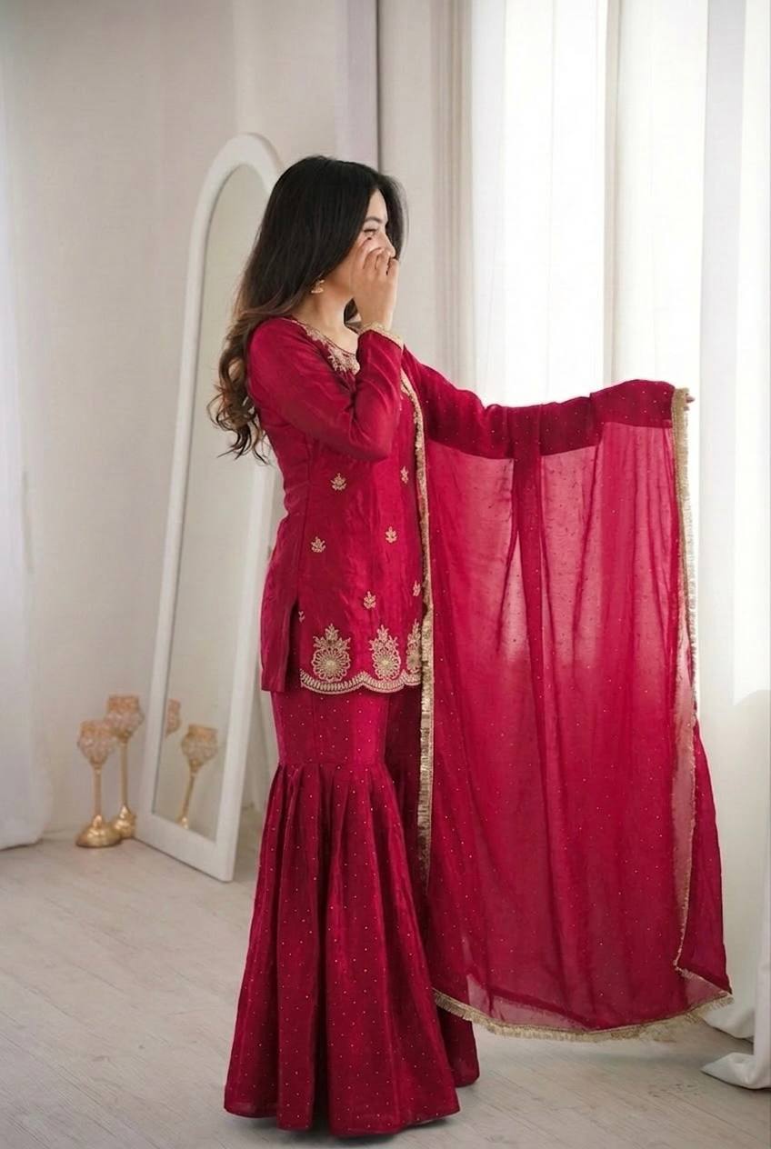 Fendy Silk Zarkan Diamond Embroidered Sharara Suit Set with Dupatta (3 Piece Set | Ready to Wear)