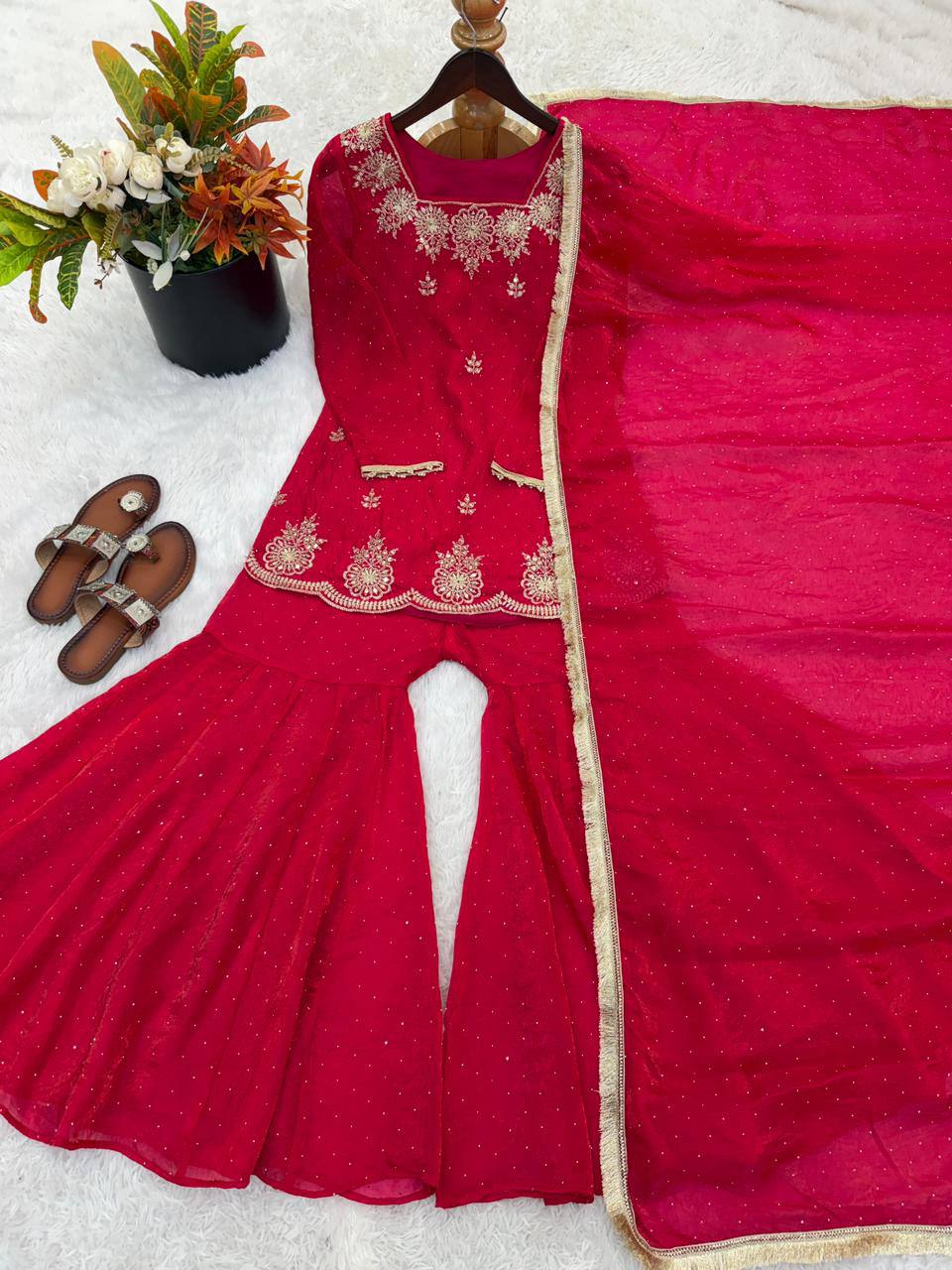 Fendy Silk Zarkan Diamond Embroidered Sharara Suit Set with Dupatta (3 Piece Set | Ready to Wear)