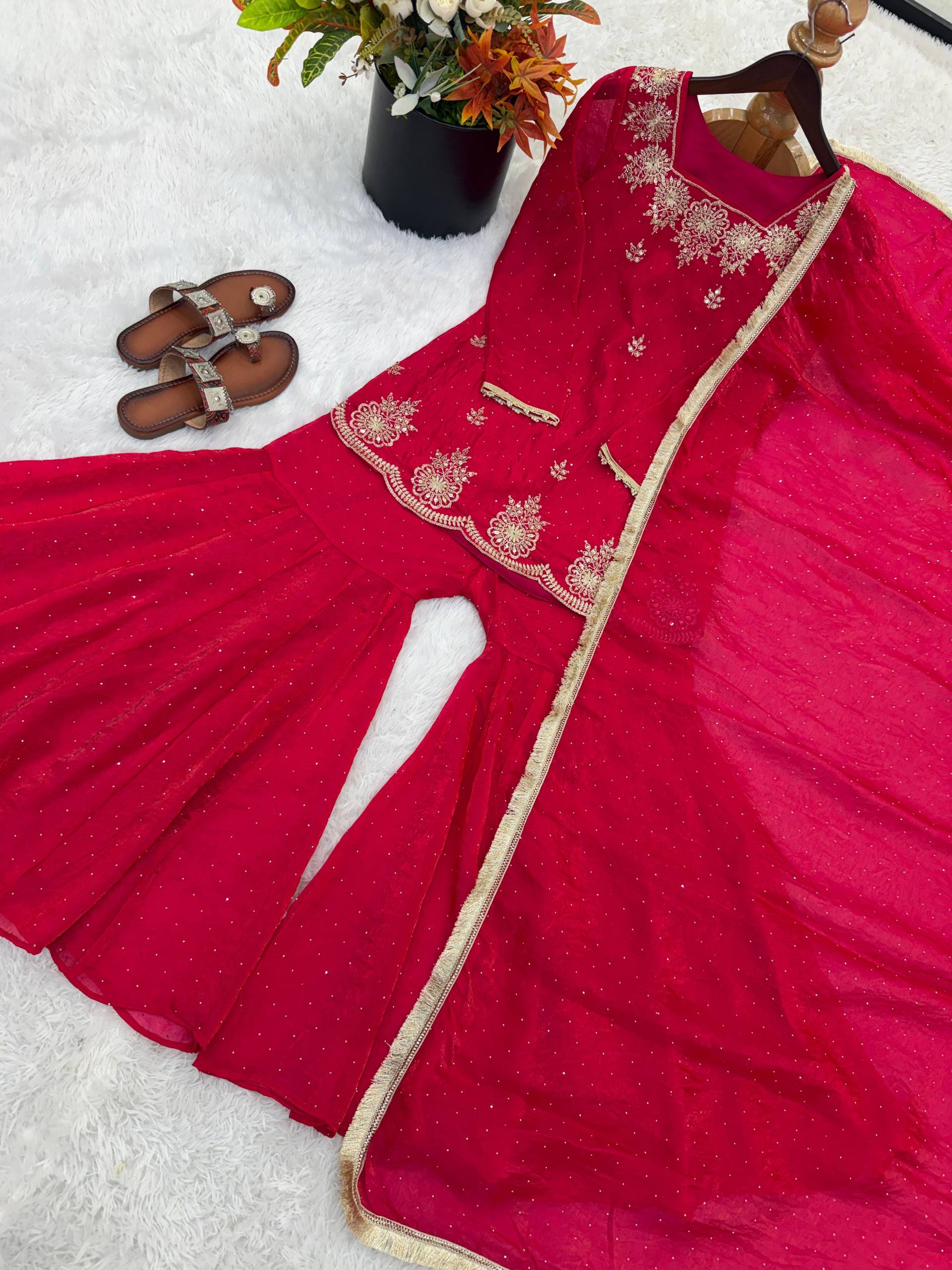 Fendy Silk Zarkan Diamond Embroidered Sharara Suit Set with Dupatta (3 Piece Set | Ready to Wear)