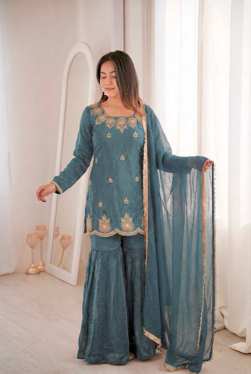 Fendy Silk Zarkan Diamond Embroidered Sharara Suit Set with Dupatta (3 Piece Set | Ready to Wear)