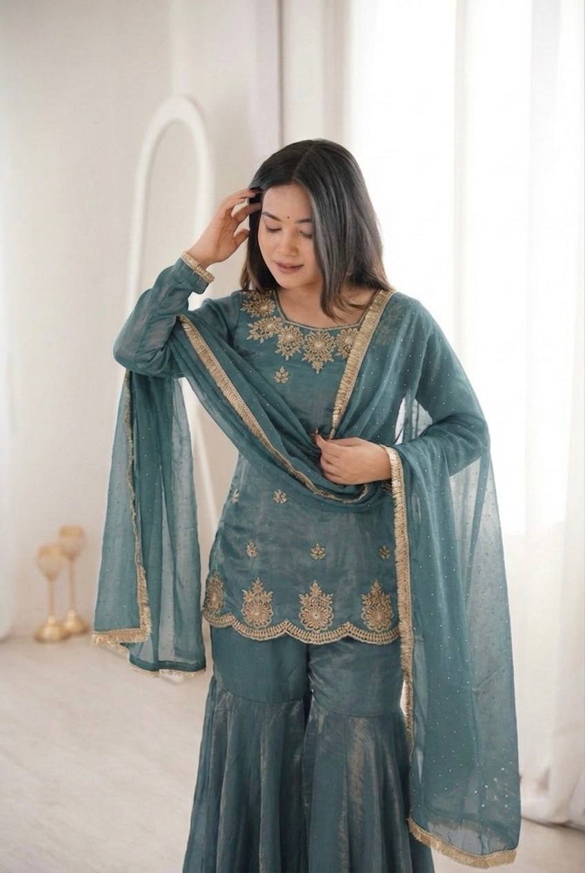 Fendy Silk Zarkan Diamond Embroidered Sharara Suit Set with Dupatta (3 Piece Set | Ready to Wear)