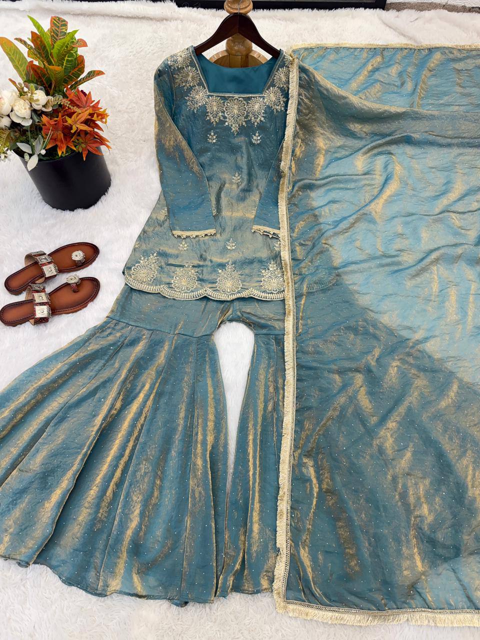 Fendy Silk Zarkan Diamond Embroidered Sharara Suit Set with Dupatta (3 Piece Set | Ready to Wear)