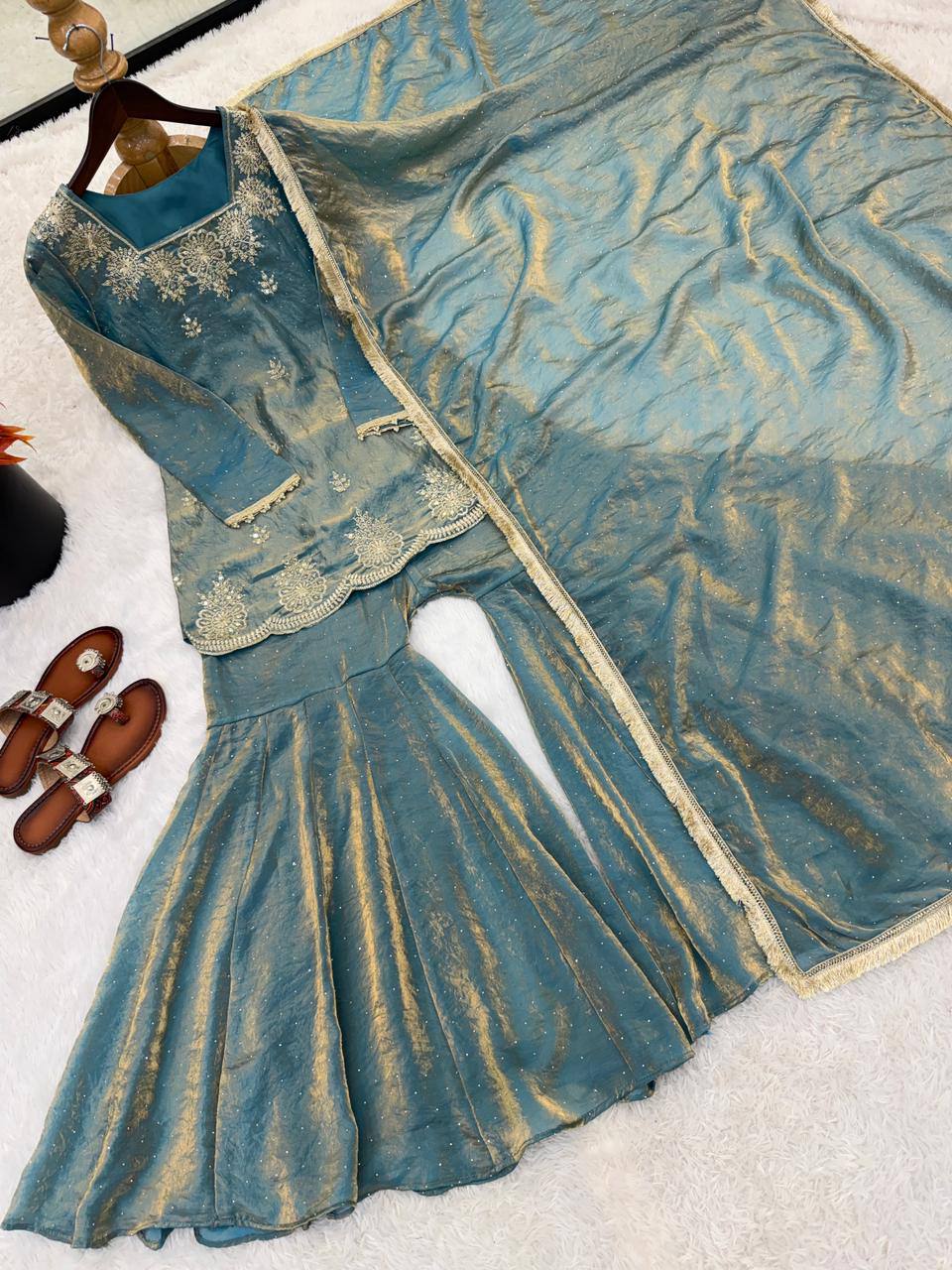 Fendy Silk Zarkan Diamond Embroidered Sharara Suit Set with Dupatta (3 Piece Set | Ready to Wear)