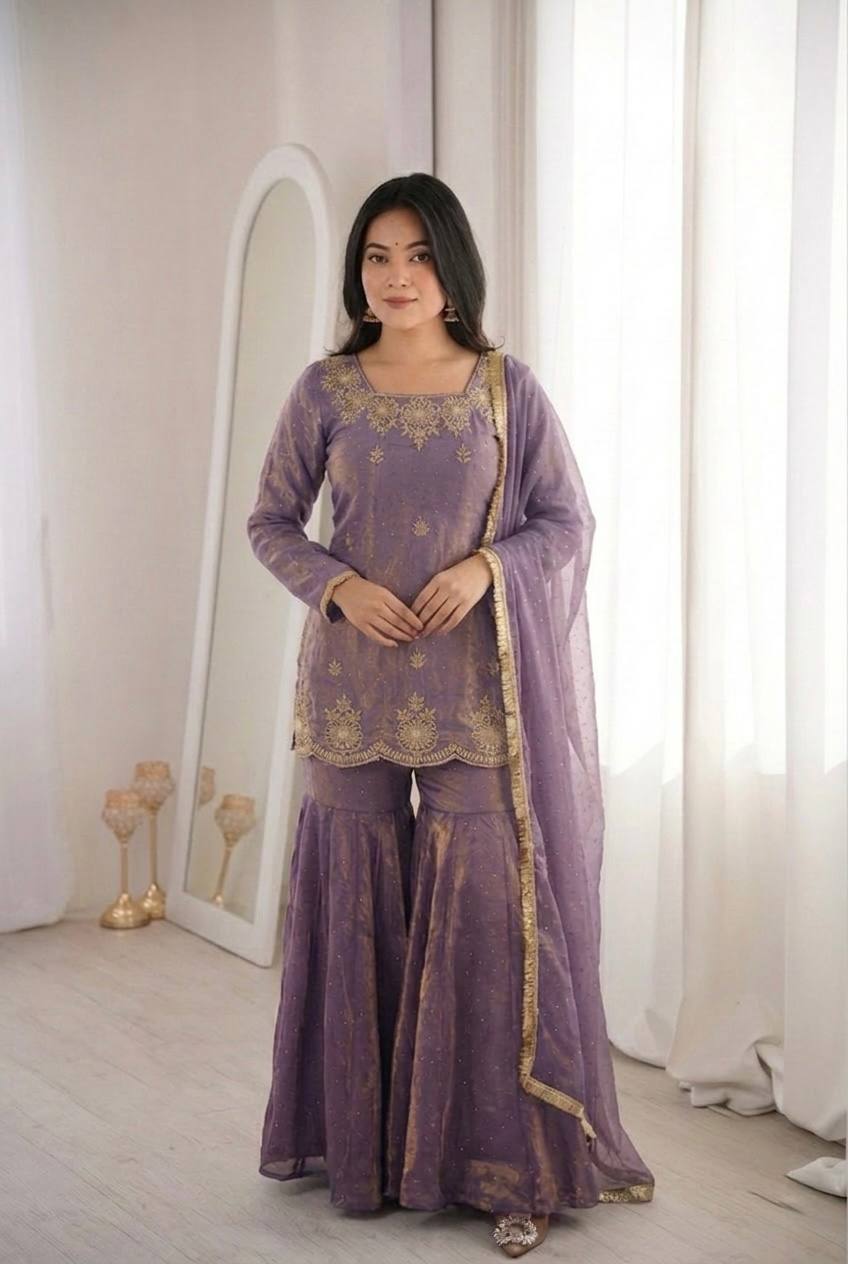 Fendy Silk Zarkan Diamond Embroidered Sharara Suit Set with Dupatta (3 Piece Set | Ready to Wear)