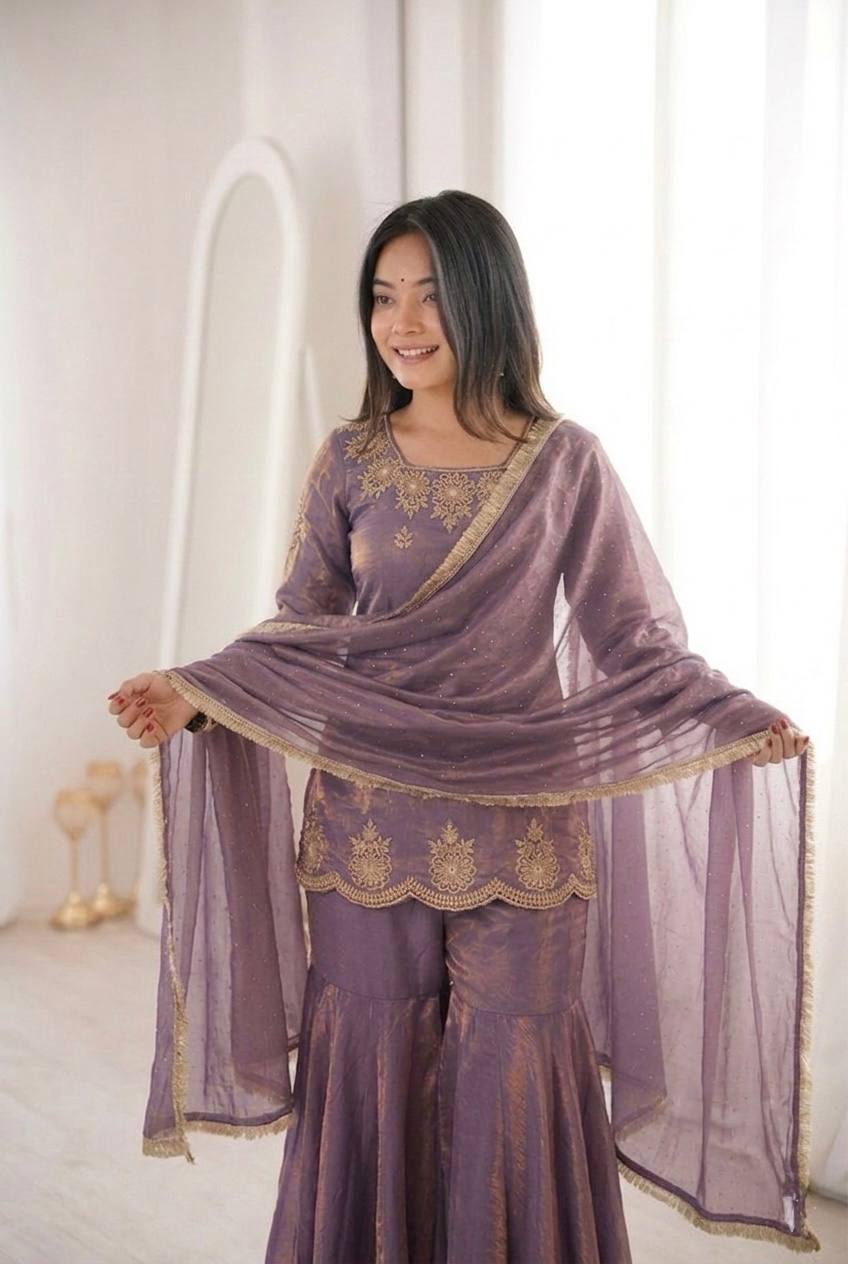 Fendy Silk Zarkan Diamond Embroidered Sharara Suit Set with Dupatta (3 Piece Set | Ready to Wear)