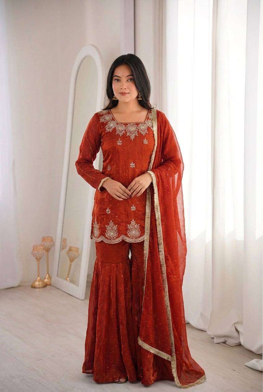 Fendy Silk Zarkan Diamond Embroidered Sharara Suit Set with Dupatta (3 Piece Set | Ready to Wear)