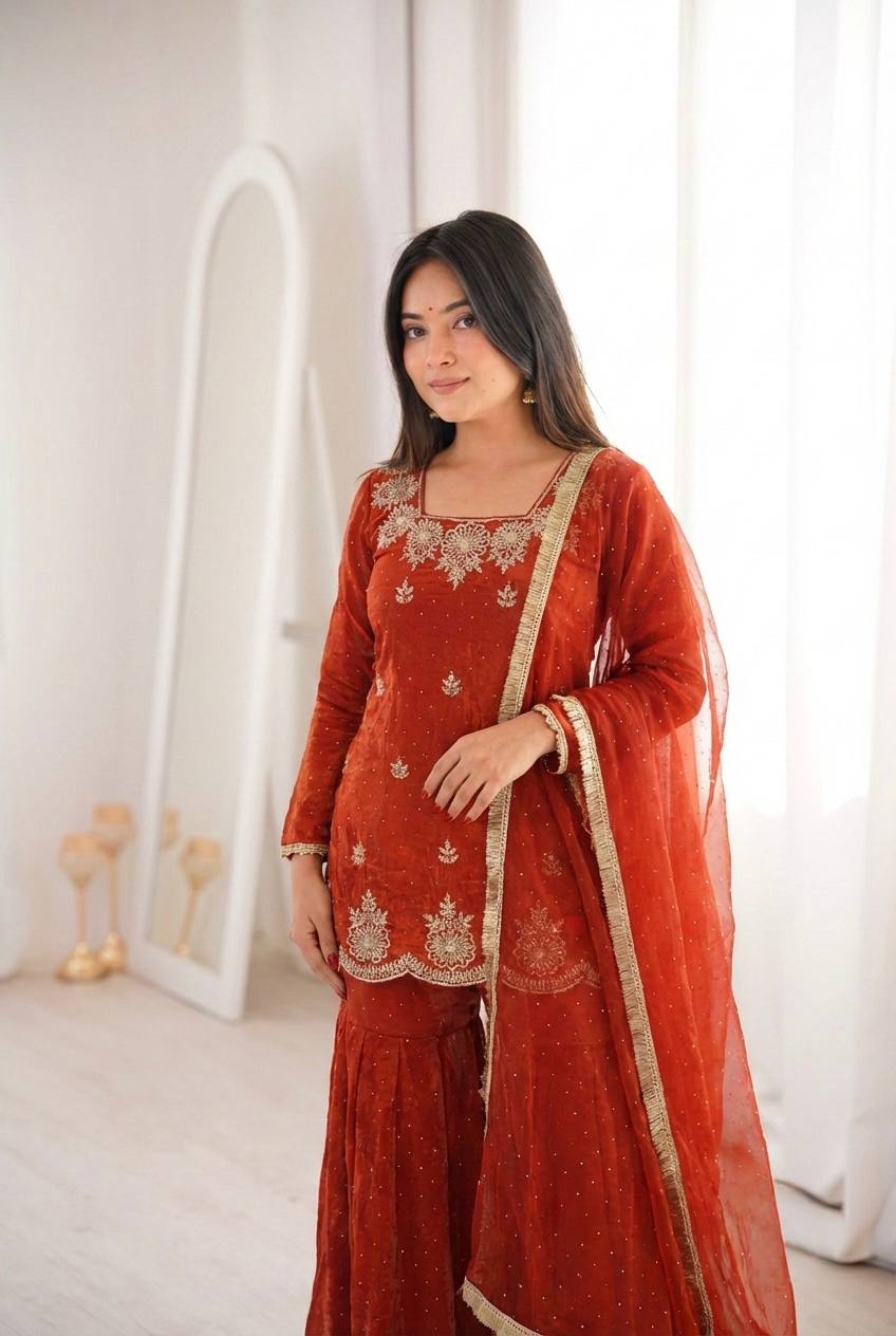 Fendy Silk Zarkan Diamond Embroidered Sharara Suit Set with Dupatta (3 Piece Set | Ready to Wear)