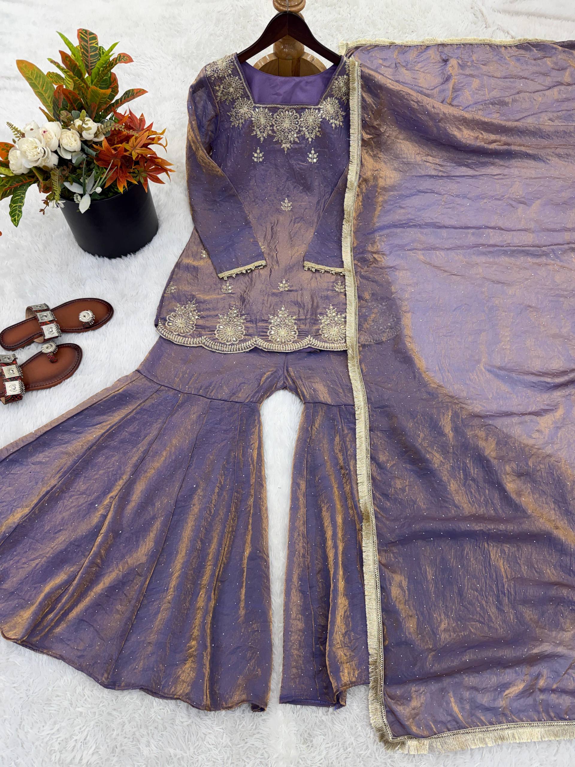 Fendy Silk Zarkan Diamond Embroidered Sharara Suit Set with Dupatta (3 Piece Set | Ready to Wear)