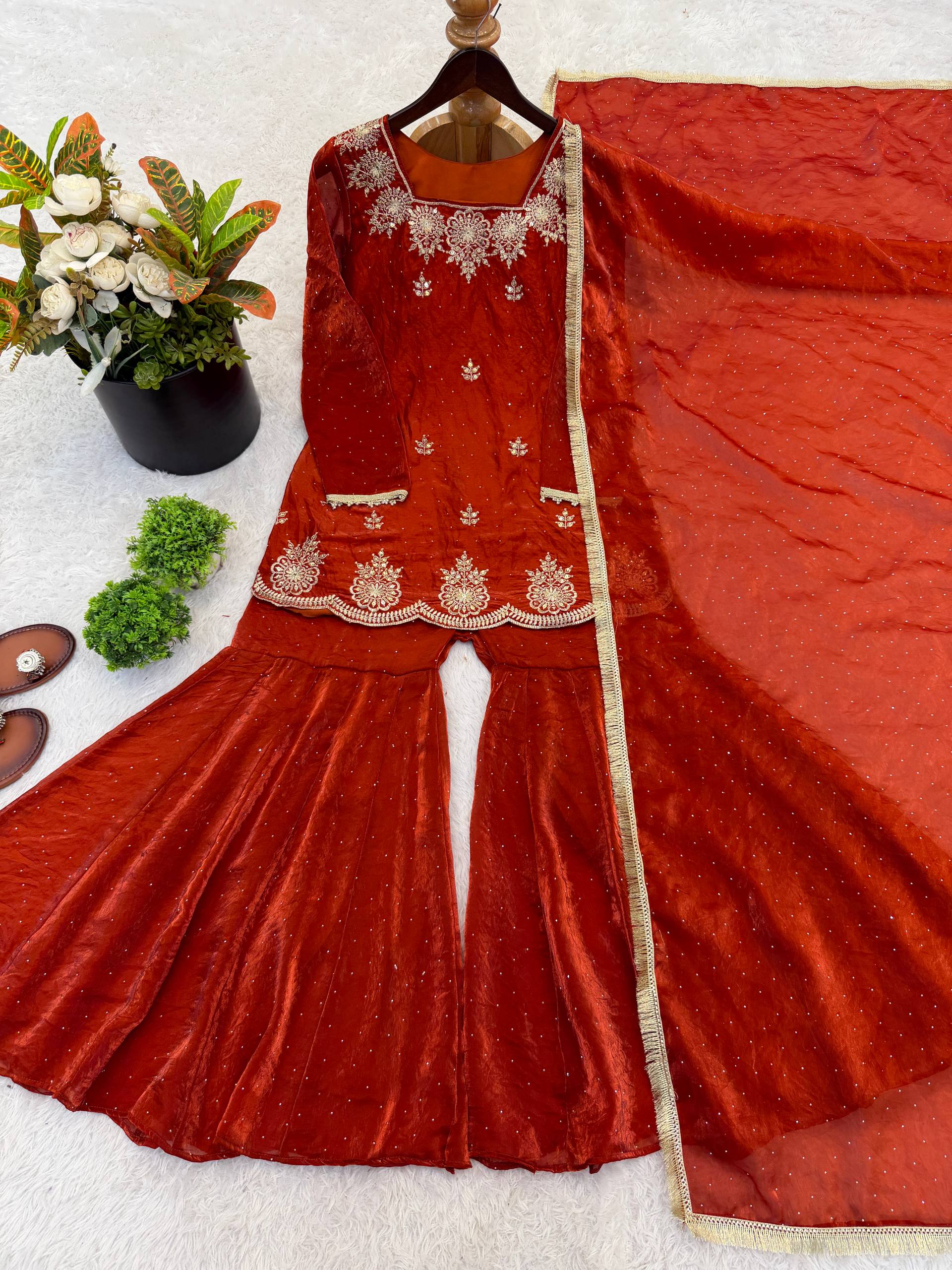 Fendy Silk Zarkan Diamond Embroidered Sharara Suit Set with Dupatta (3 Piece Set | Ready to Wear)
