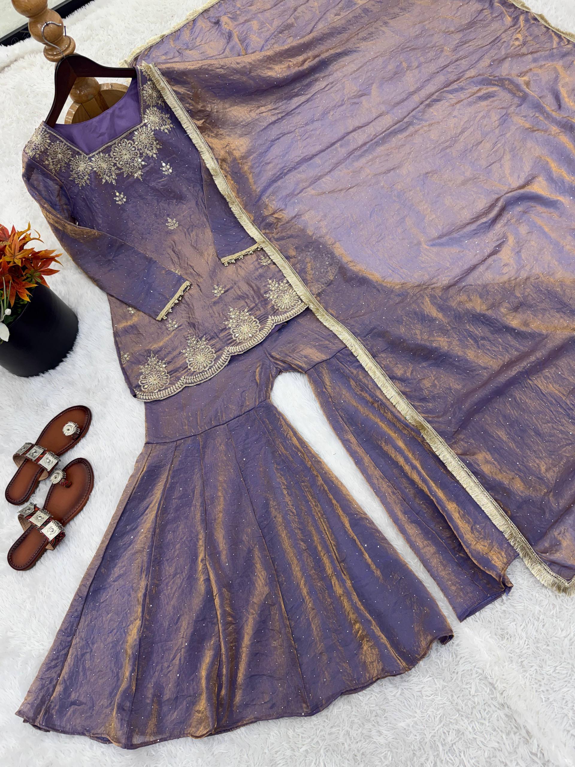 Fendy Silk Zarkan Diamond Embroidered Sharara Suit Set with Dupatta (3 Piece Set | Ready to Wear)