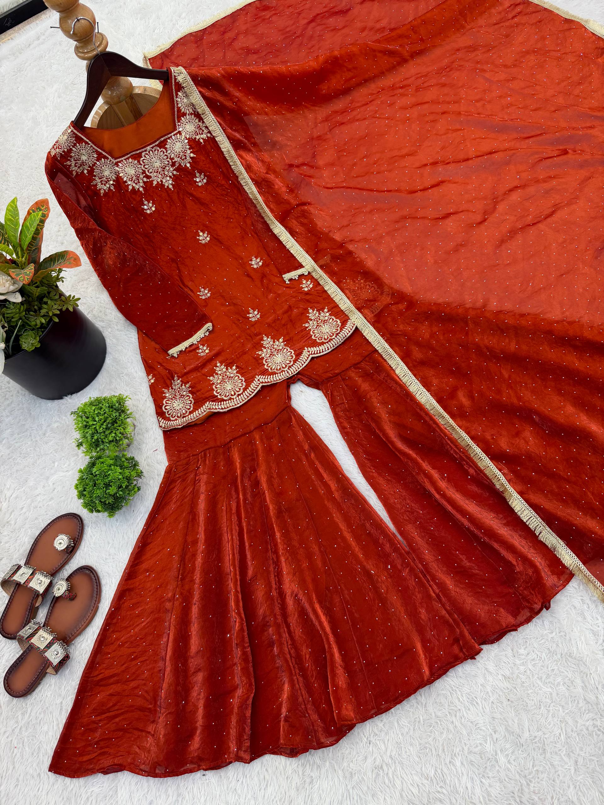 Fendy Silk Zarkan Diamond Embroidered Sharara Suit Set with Dupatta (3 Piece Set | Ready to Wear)