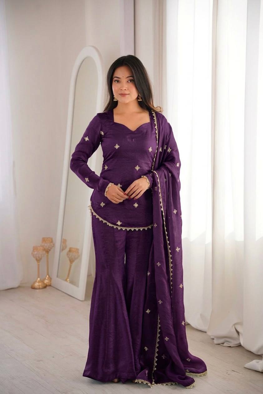 Fendy Silk Embroidered Sharara Suit Set with Dupatta (Ready to Wear | 3 Piece Set)