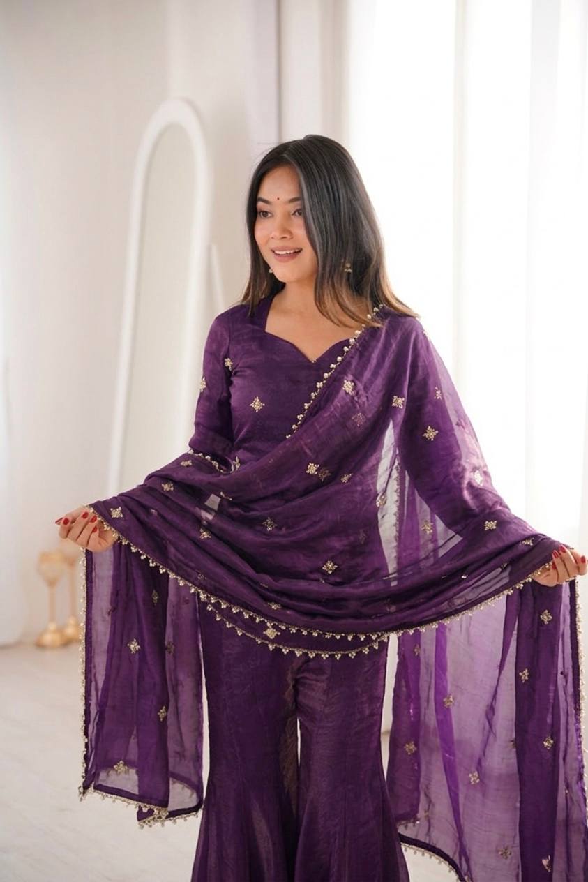 Fendy Silk Embroidered Sharara Suit Set with Dupatta (Ready to Wear | 3 Piece Set)