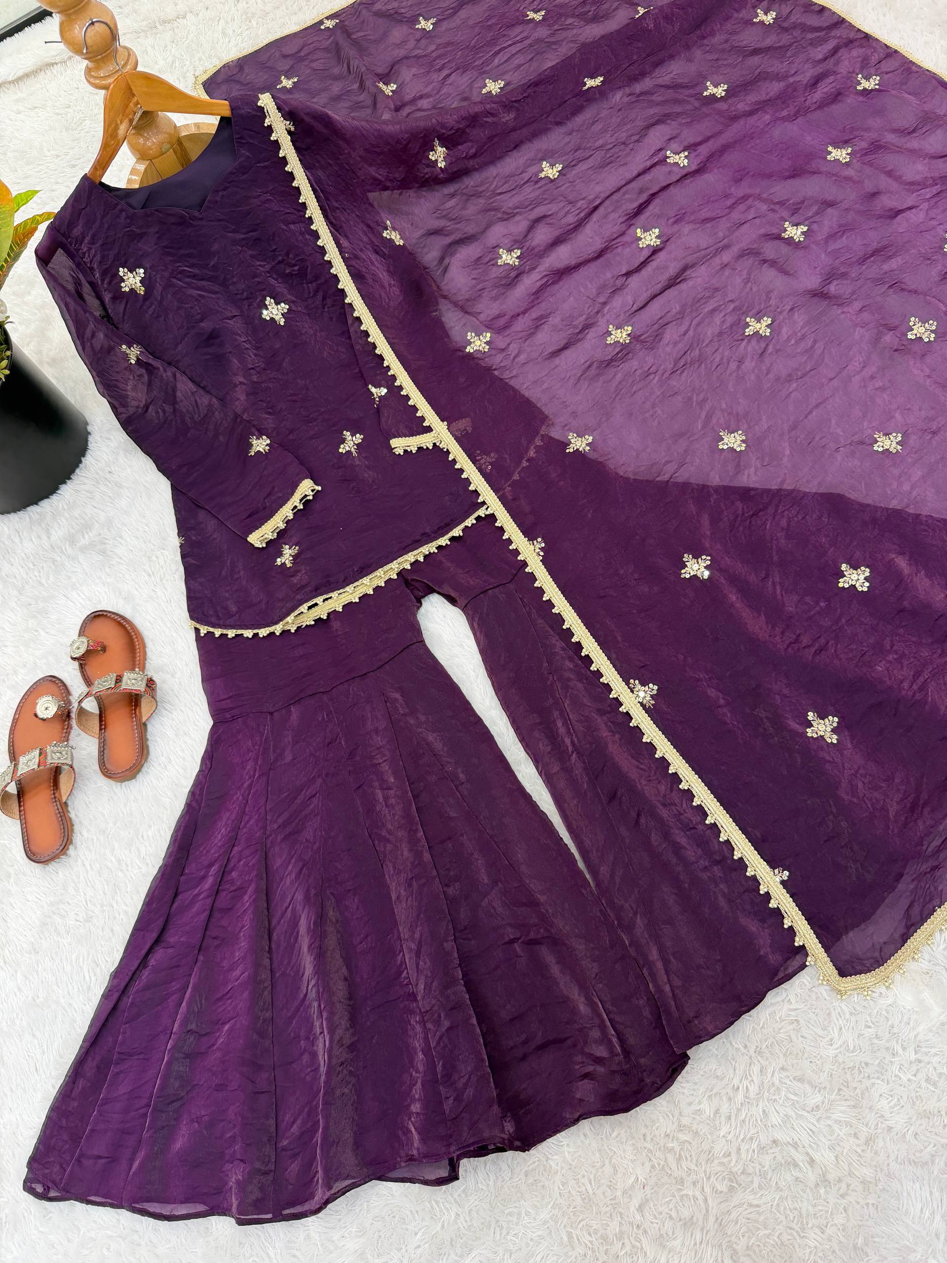 Fendy Silk Embroidered Sharara Suit Set with Dupatta (Ready to Wear | 3 Piece Set)